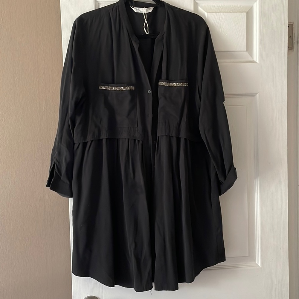 Zara black button down tunics with embellished pockets size XL